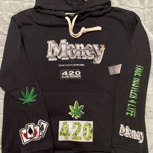 Black Graphic  420 FriendlyHoodie with Cannabis patches Unisex-L